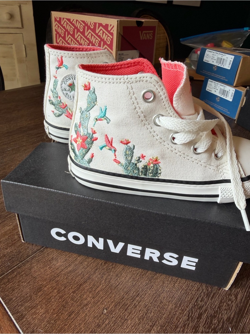 Converse Kids High-Top Sneakers in White with Pink Lining & Cactus Embroidery